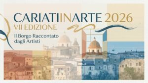 Copertina grafica per l'articolo su CariatiInArte 2026 con vista panoramica sul borgo di Cariati e la cattedrale affacciata sul mare.